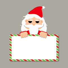 A illustration of Santa Claus peeking over a rectangular placeholder banner. Santa has a red hat, white beard is wearing red trim and a thick border patterned with red and green candy cane stripes