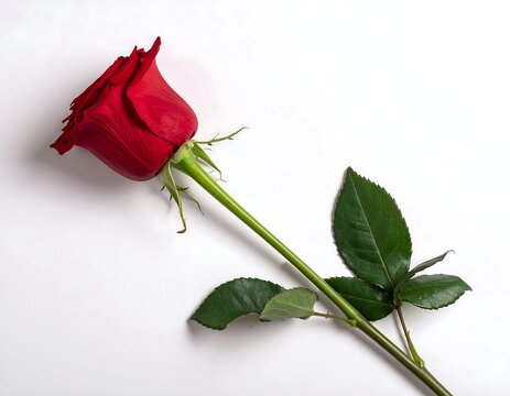 A vibrant, single red rose lays on a pristine white background