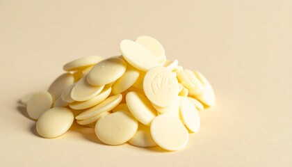 A close-up shot of a small mound of delicious white chocolate chips, perfect for baking, confectionery, or snacking, arranged on a neutral background