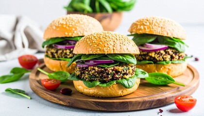 Delicious Vegan Burgers with Sesame Buns, Spinach, and Red Onion on a Wooden Platter for a Healthy Meal