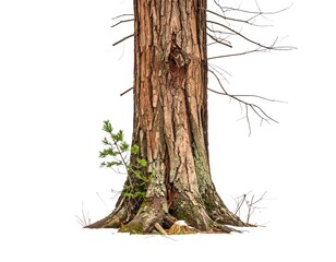 A thick, textured tree trunk, with a small green shrub growing at its base