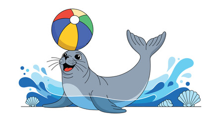 Happy seal balancing a colorful beach ball on its nose while in the water with seashells and splashes.