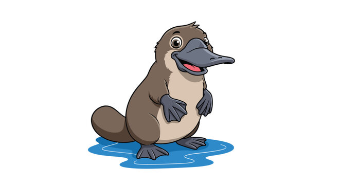 Cute cartoon platypus standing on blue water with a friendly expression.