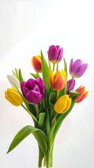 A vibrant bouquet of colorful tulips, lush green stems, and a bright background