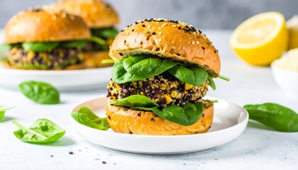 Delicious Vegetarian Burger with Fresh Spinach and Lemon on a White Plate Healthy Meal Concept