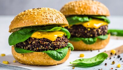 Delicious homemade vegetarian burgers with quinoa patties, melted cheese, and fresh spinach on a toasted sesame seed bun