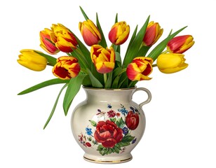 A vibrant floral arrangement of yellow and red tulips in a decorated vase