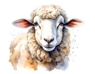 A watercolor-style illustration of a fluffy white sheep's head facing forward