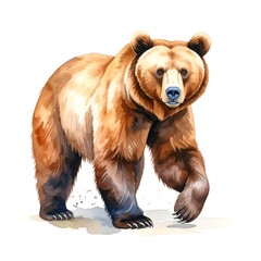 A watercolor-style painting of a majestic brown bear walking towards the viewer