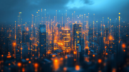 Glowing abstract city formed by AI network connections, visualizing futuristic technology, digital infrastructure, and smart city concepts. A dynamic, luminous scene for tech, innovation, and cyber vi
