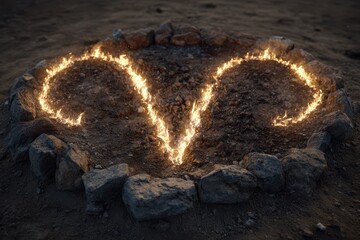 Stunning Fiery Symbol of Aries in a Rock Circle on Desert Ground