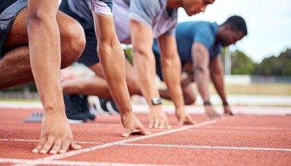 Athletes Ready to Race A Group of Sprinters at the Starting Line on a Track