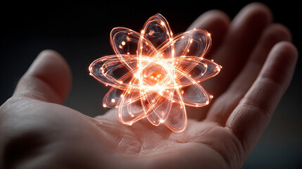Human hand holding a glowing atom model, symbolizing knowledge, science, discovery, innovation, and the power of human understanding in physics, chemistry, and technological advancement