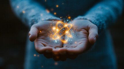 Human hand holding a glowing atom model, symbolizing knowledge, science, discovery, innovation, and the power of human understanding in physics, chemistry, and technological advancement