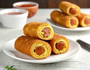 Golden Sausage Rolls Crispy Baked Treats on White Plates
