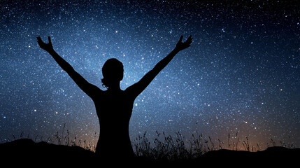 Silhouette of a slender woman with arms raised under a vast starry night sky, symbolizing spiritual connection, inner peace, and wonder. A serene, contemplative scene emphasizing harmony with the univ
