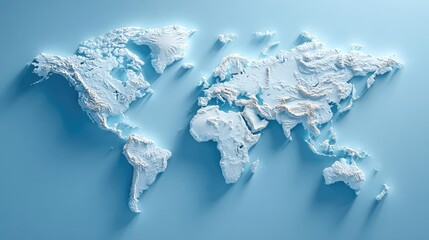 Minimalistic 3D world map on soft blue gradient concept. Detailed relief map of the world showcasing geographic features.