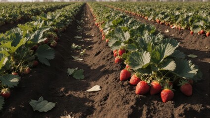 Rows of Ripe Strawberries Growing in a Field Under the Sun.