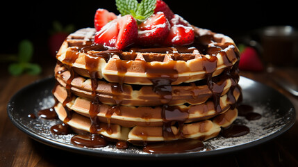 Belgian chocolate waffles decorated with mint and raspberries. Gray background, top view