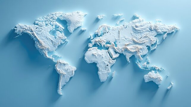 Minimalistic 3D world map on soft blue gradient concept. Detailed relief map of the world showcasing geographic features.