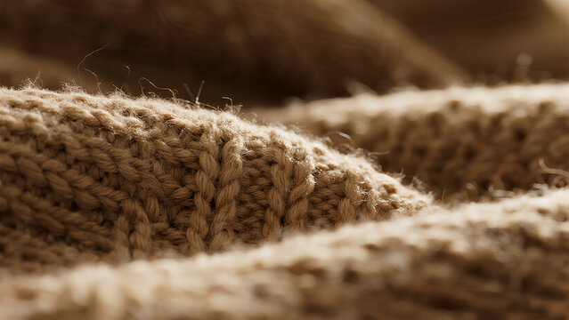 Abstract macro background texture of a cozy knit blanket or sofa fabric in a warm neutral tone, showing soft fibers