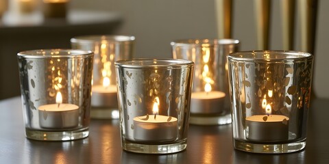 Group of lit tea light candles in mercury glass holders creating a warm and inviting atmosphere for home decor events or relaxation