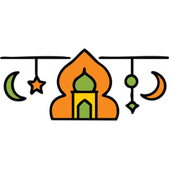 Islamic Mosque With Crescent Moon And Star Decorations Orange And Green Colors