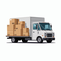 White delivery truck loaded with cardboard boxes on a white background