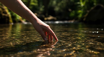 Hand Gently Touching Clear Stream Water in Sunlit Forest Scene