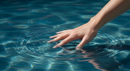Hand Gently Touching Water Surface Creating Ripples in a Pool