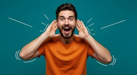 Excited Man in Orange Shirt Expressing Surprise Against Teal Background