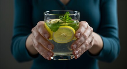 Refreshing Lemon Mint Water Held in Hands for Hydration and Wellness