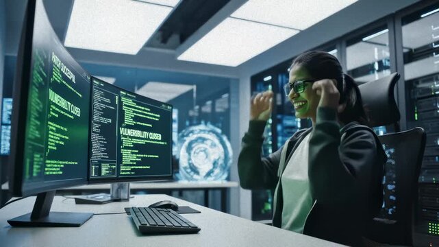 Female Programmer Closing Security Vulnerability in Datacenter Setting