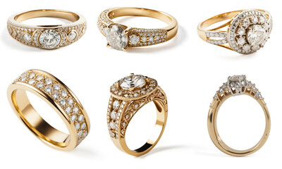Collection of golden rings showing big brilliant diamond on transparent  background. 