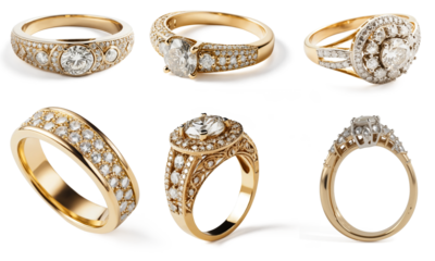 Collection of golden rings showing big brilliant diamond on transparent  background. 