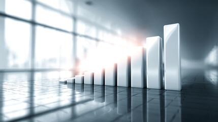Hyperrealistic bright white background with a single glowing graph bar rising from a polished surface, symbolizing growth, success, data visualization, achievement, and futuristic business or financia