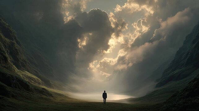 A man walking through a dark valley toward the heavenly concept. A solitary figure stands beneath dramatic clouds in a serene landscape.