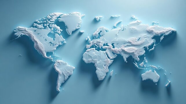 Fototapeta Minimalistic 3D world map on soft blue gradient concept. Detailed topographical map of the world with raised relief features.