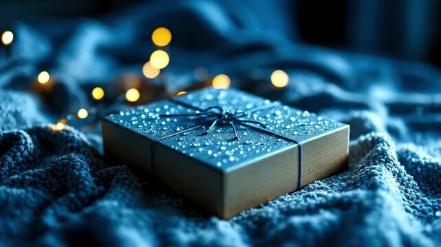 Elegant gift box with string lights on cozy blanket at night