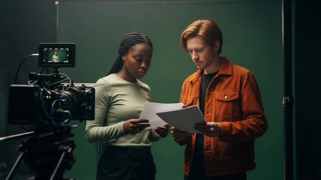 Filmmakers discussing script near camera on green screen background