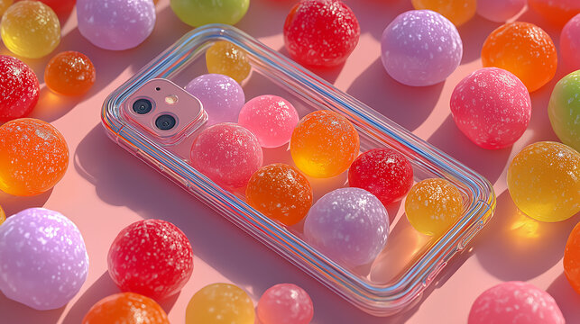 Transparent mobile case with some soft candy or multi colour jelly ai generated art