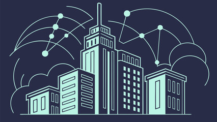Illustration of a city skyline with buildings connected by a network of lines and nodes on a dark background