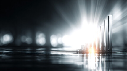Hyperrealistic bright white background with a single glowing graph bar rising from a polished surface, symbolizing growth, success, data visualization, achievement, and futuristic business or financia