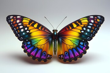 Fototapeta premium Colorful butterfly with vibrant wings displaying bright patterns on a light background emphasizing its beauty and detail
