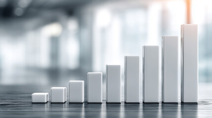 Hyperrealistic bright white background with a single glowing graph bar rising from a polished surface, symbolizing growth, success, data visualization, achievement, and futuristic business or financia