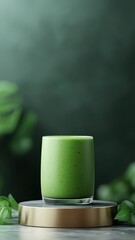 Avocado smoothie on a chrome, golden podium with exquisite detailing.