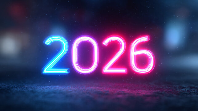 Glowing Neon 2026 Numbers in Blue and Pink Light for New Year Celebration Design