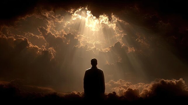 A man walking through a dark valley toward the heavenly concept. A person stands in awe beneath divine light breaking through clouds.