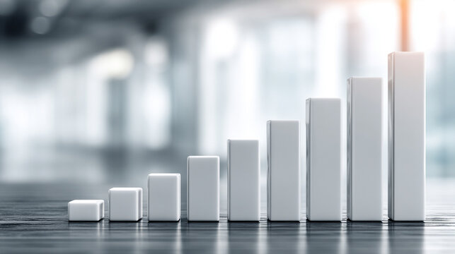 Hyperrealistic bright white background with a single glowing graph bar rising from a polished surface, symbolizing growth, success, data visualization, achievement, and futuristic business or financia - Powered by Adobe