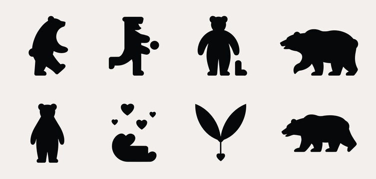 Collection of black bear silhouettes in various poses and a plant illustration